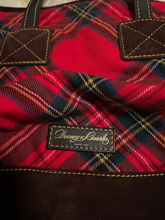 Dooney & Bourke Red Plaid Tote with Brown Trim - Picture 2 of 6